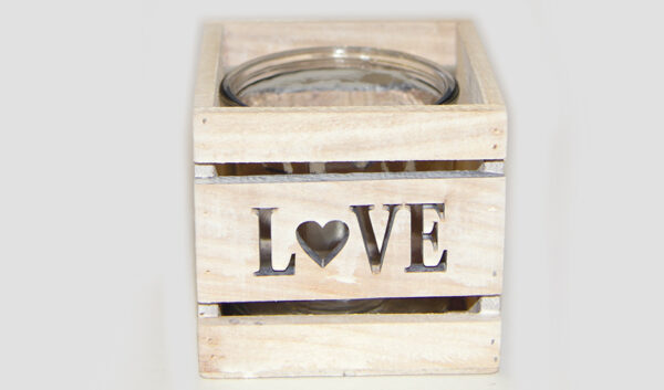 ΞΥΛΙΝΟ ΤΕΤΡΑΓΩΝΟ ΚΗΡΟΠΗΓΙΟ LOVE ΜΕ ΓΥΑΛΑ 12x12x11cm 0619012