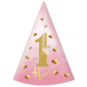 Καπελάκι πάρτυ "1st Birthday" ροζ και χρυσό (6 τεμ)